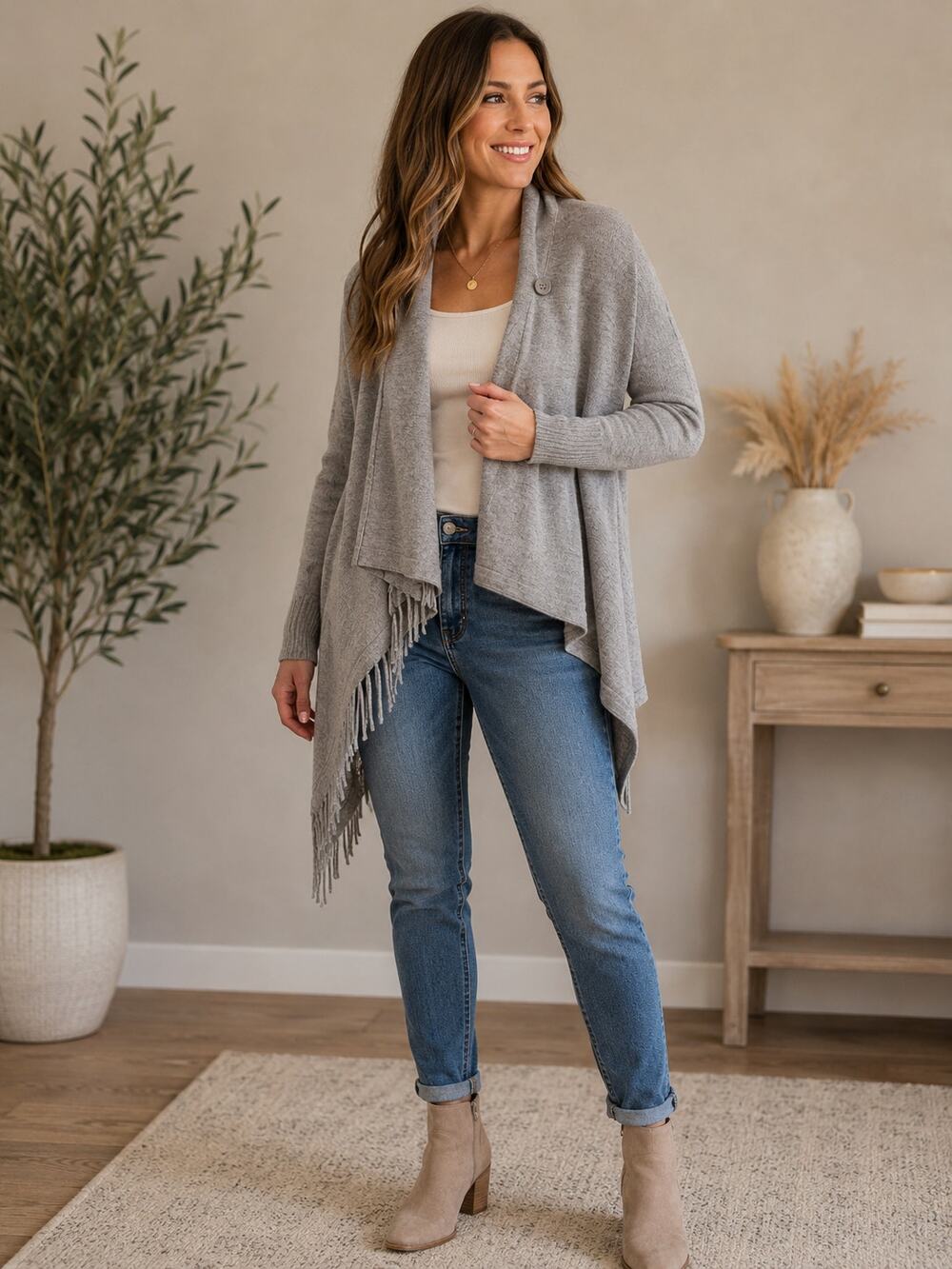 Amaryllis Gray Knit Wrap Cardigan Shawl Fringe Draped Front Size S